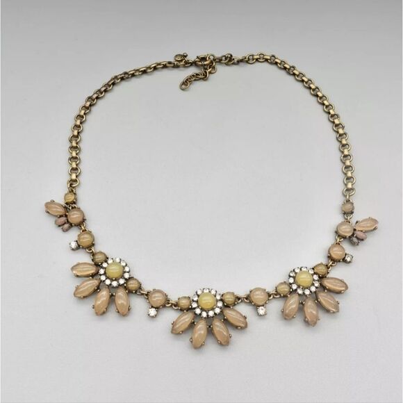 J. Crew Necklace Taupe Yellow Beaded Flower Pendants Crystal Accents Gold Tone - Picture 5 of 10